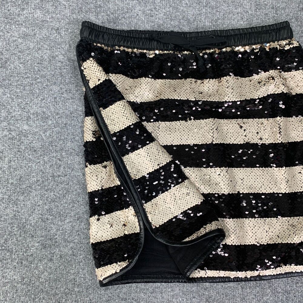 Gianni Bini Skirt Womens L Large Black Gold Jamie Striped Sequined Lined Mini - Picture 7 of 16